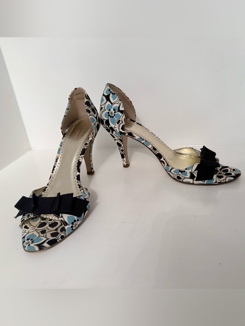 J. Crew Floral D'Orsay Heels with Black Bow - Blue/Black/White